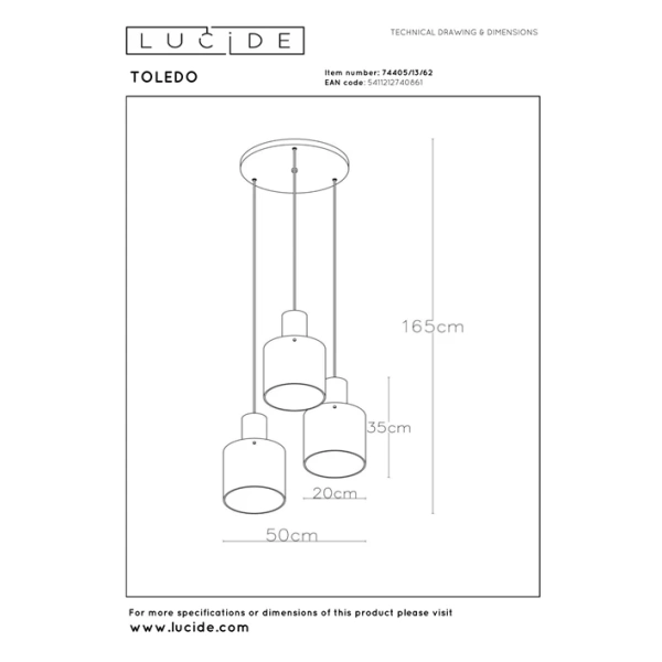 Hanglamp Retro Toledo Lucide maattekening met afmetingen en pendellengte