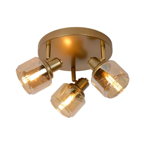 Plafondspot goud messing met drie verstelbare glazen lampkoppen dimbaar E14 fitting
