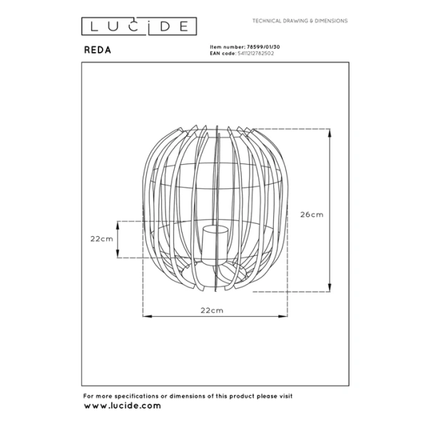Technische maattekening van zwarte tafellamp Lucide REDA 22 cm