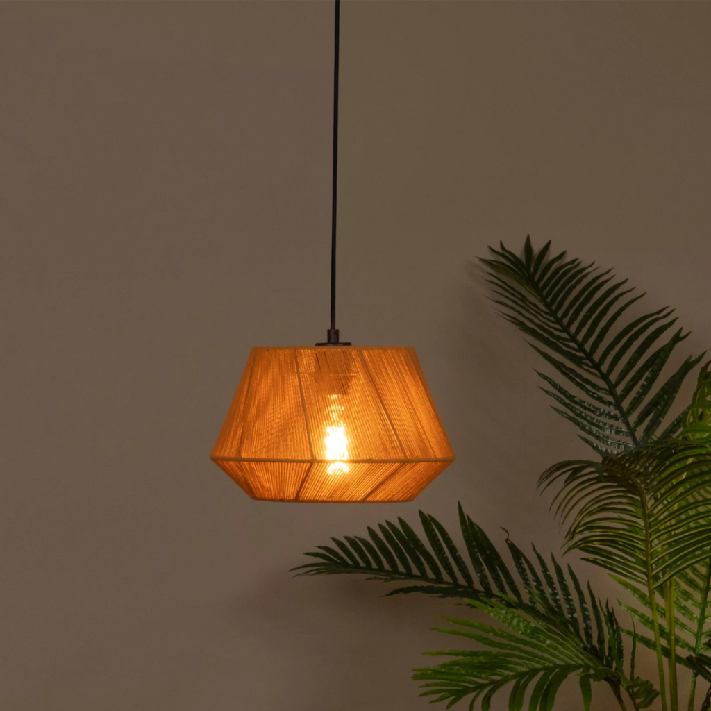 Terracotta hanglamp met warme gloed boven groene kamerplant