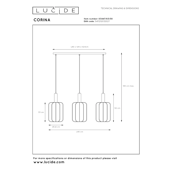 Maattekening hanglamp Scandinavisch 3-lichts zwart Lucide Corina