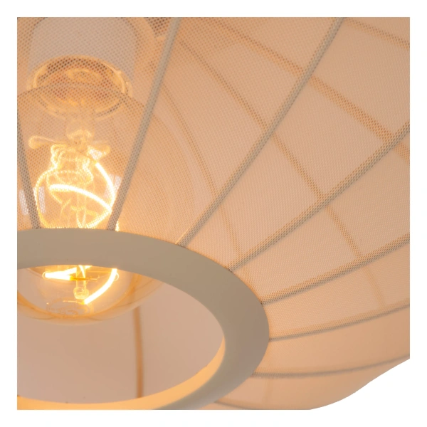 Beige Scandinavische hanglamp met stoffen kap en zichtbaar warm licht