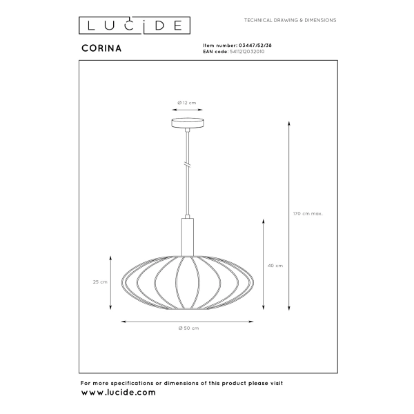 Maattekening hanglamp Scandinavisch 50 cm beige Lucide CORINA