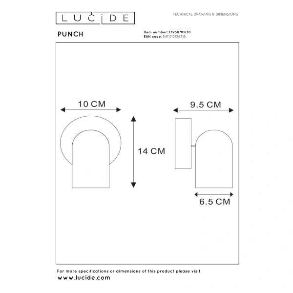 Maattekening moderne zwarte plafondspot cilinder 1-lichts Lucide PUNCH