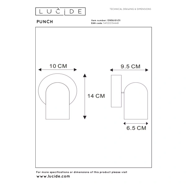 Maattekening moderne witte plafondspot 1-lichts cilinder Lucide PUNCH
