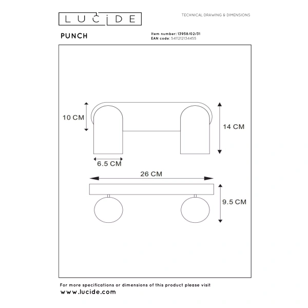 Moderne witte plafondspot 2-lichts rechthoek Lucide maattekening