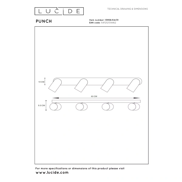 Maattekening moderne witte plafondspot 4-lichts rechthoek Lucide PUNCH