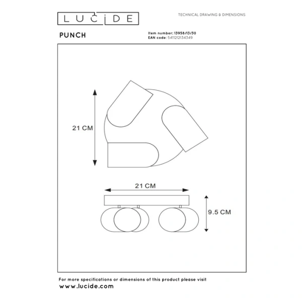 Maattekening moderne plafondspot 3-lichts rond zwart Lucide PUNCH