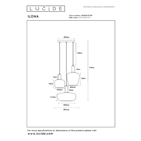 Hanglamp 3-lichts amber ILONA Lucide maattekening met afmetingen