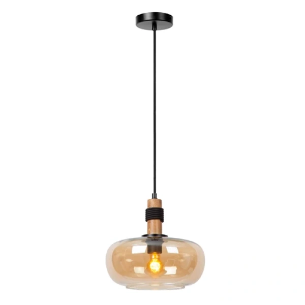 Amberkleurige glazen hanglamp Ø30 cm met zwarte en koperen fitting Lucide