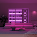 Smart LED strip met paarse verlichting achter wandkast in moderne woonkamer