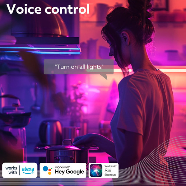 Calex Smart LED strip RGB+CCT met appbediening in kleurrijk verlichte keuken