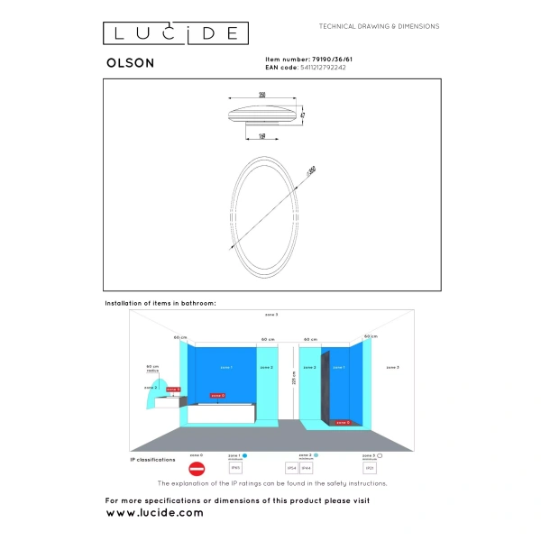 Plafonnière Lucide Olson opaal 35 cm maattekening IP44 CCT