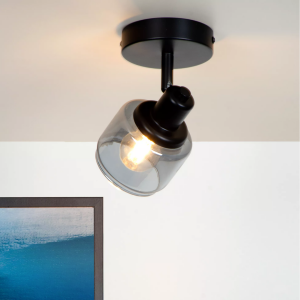 Zwarte plafondspot met glazen kap verspreidt warm licht boven wanddecoratie
