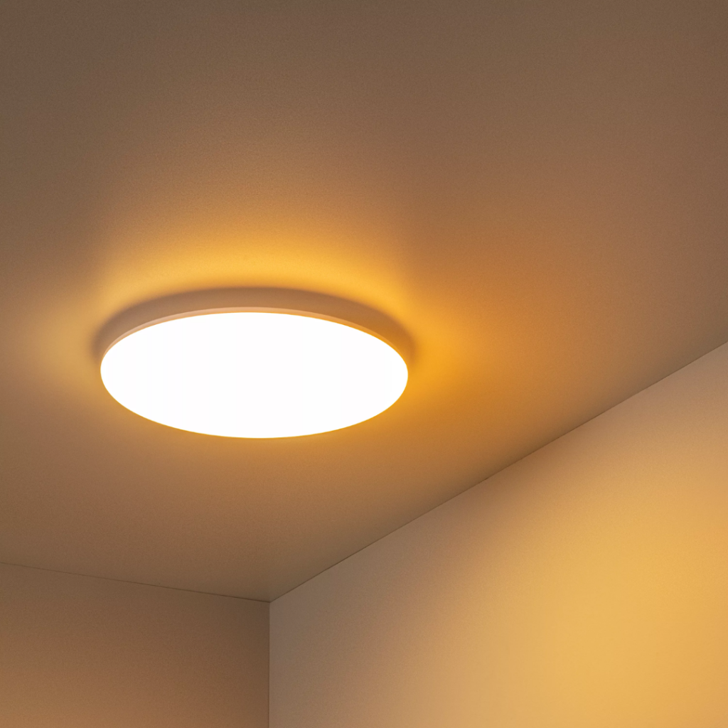 Ronde opaalwitte plafonnière met warm licht in moderne badkameromgeving