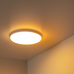 Ronde opaalwitte plafonnière met warm licht in moderne badkameromgeving