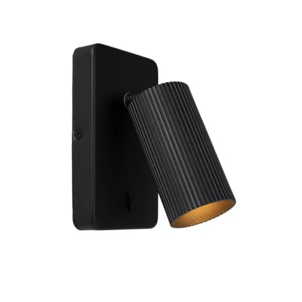 Moderne zwarte wandlamp met geribbelde cilindervormige kap Lucide