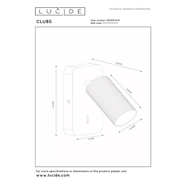 Technische maattekening van moderne witte wandlamp Lucide CLUBS