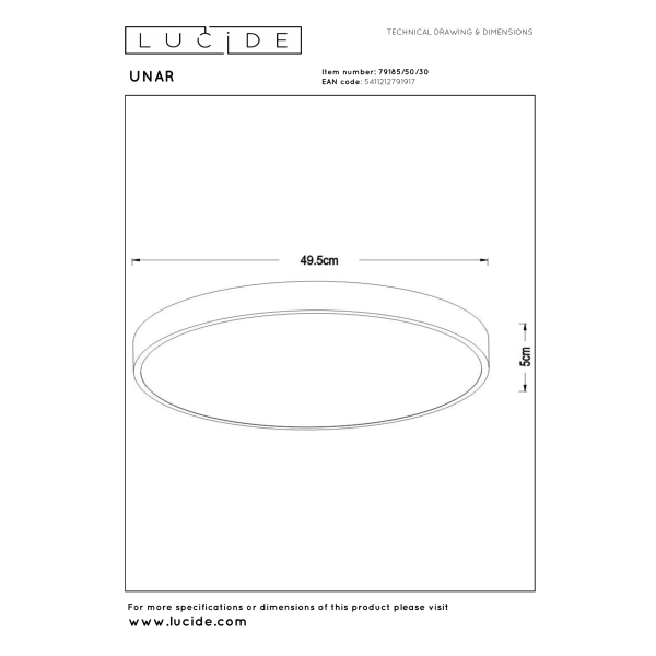 Maattekening plafonnière zwart 36W warmwit 49,5 cm Lucide UNAR