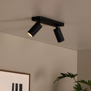 Zwarte moderne plafondspot met twee verstelbare lichtspots in woonkamerinterieur
