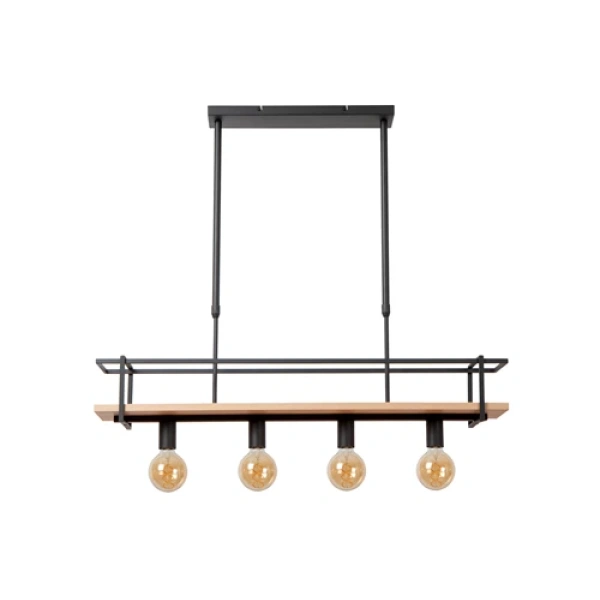 Zwarte Japandi hanglamp met houten plank en vier fittingen Lucide