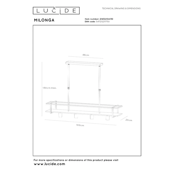 Maattekening van hanglamp Japandi zwart Milonga van Lucide