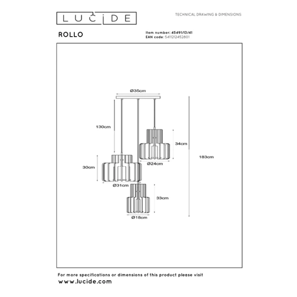 Maattekening hanglamp 3-lichts taupe Rollo Lucide met afmetingen
