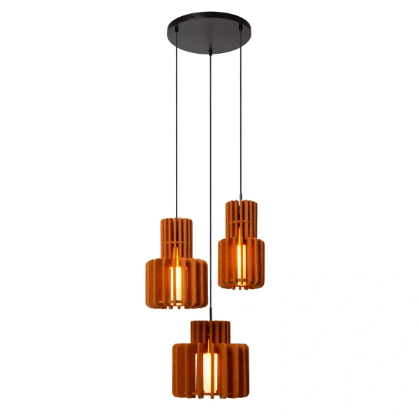 Hanglamp 3-lichts taupe met houten lamellen en zwarte plafondplaat
