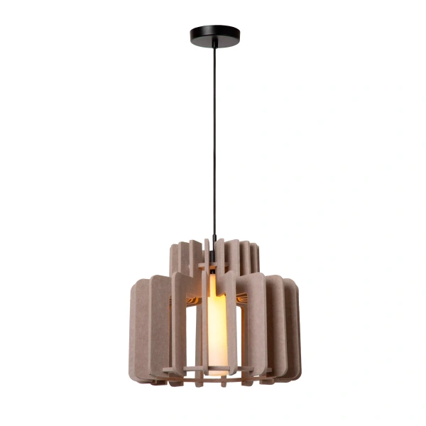 Hanglamp taupe met houten lamellen en zwarte ophanging Lucide