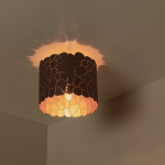 Zwarte metalen plafonnière met opengewerkt patroon en warm lichtschijnsel tegen plafond