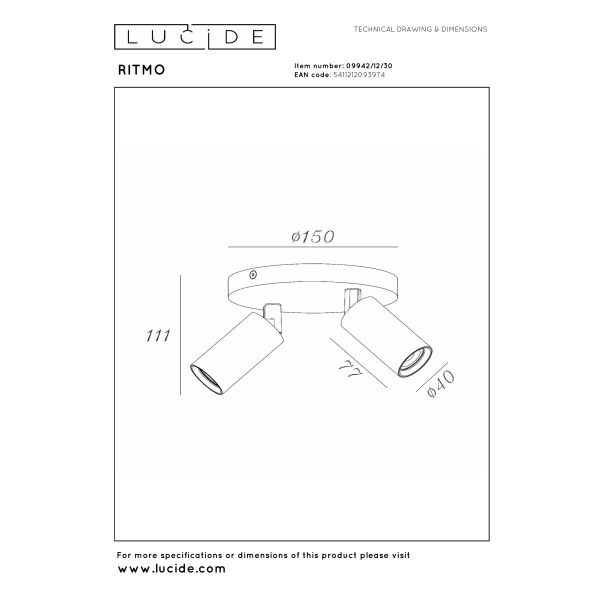 Technische tekening plafondspot zwart twee-lichts 15 cm Lucide RITMO