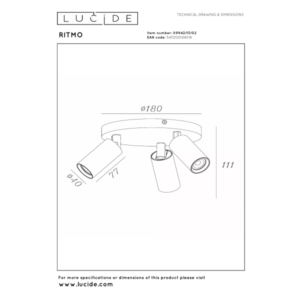 Maattekening plafondspot modern 3-lichts goud messing Lucide Ritmo