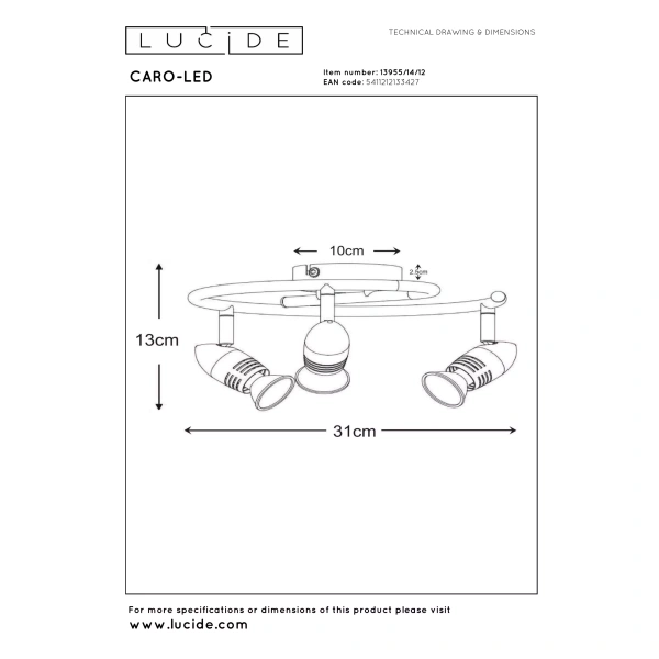 Maattekening plafondspot GU10 3-lichts mat chroom Lucide CARO