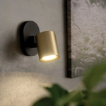 Zwart gouden wandspot met één lichtpunt aan grijze muur in interieur