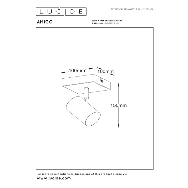 Maattekening witte moderne plafondlamp Lucide Amigo 1-lichts