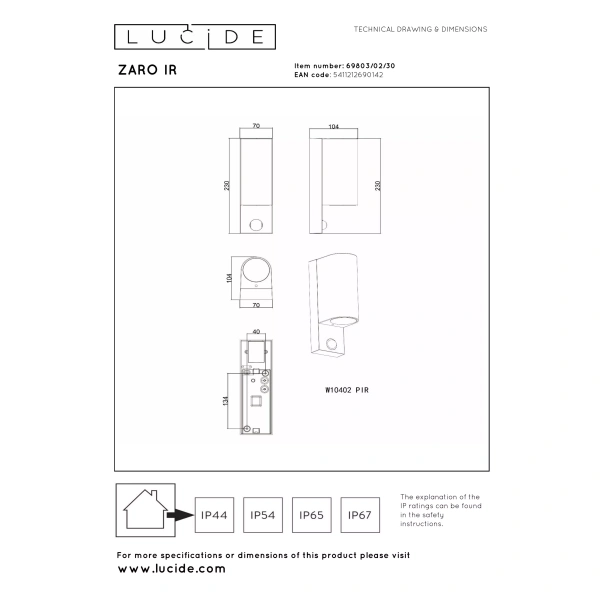 Maattekening wandlamp zwart Up Down GU10 IP65 met sensor Lucide ZARO
