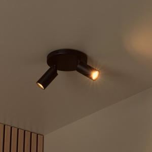 Zwarte plafondspot met twee verstelbare lichtpunten in moderne interieursetting
