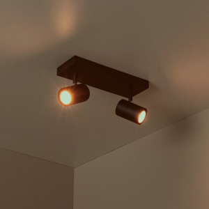 Zwarte plafondspot met twee verstelbare lichtspots en warm wit licht in interieur