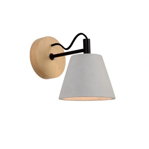 Grijze wandlamp met houten muurplaat en zwarte arm Lucide POSSIO