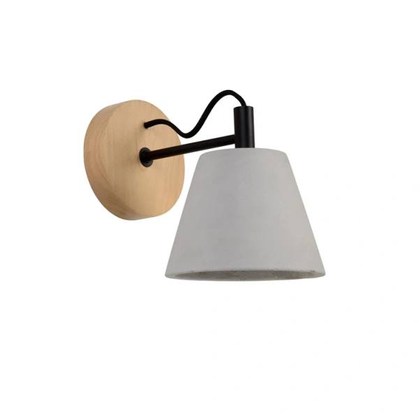 Grijze wandlamp met houten muurplaat en zwarte arm Lucide POSSIO