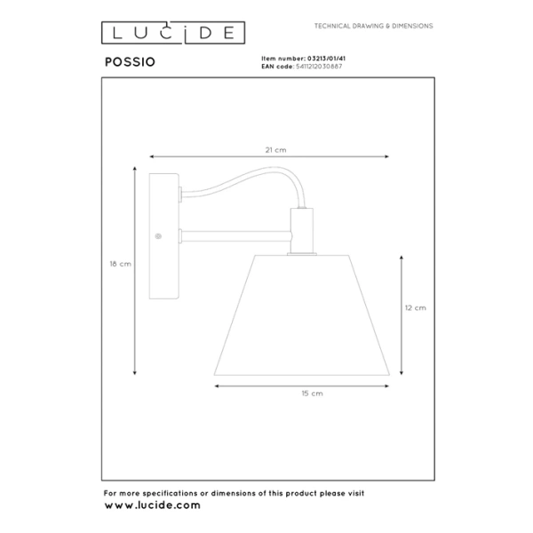 Wandlamp Japandi grijs Lucide Possio maattekening met afmetingen in centimeters