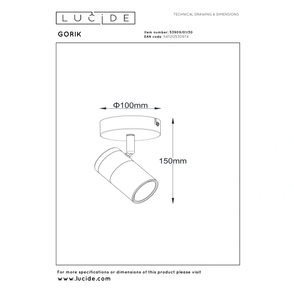 Maattekening plafondspot zwart goud Lucide Gorik met afmetingen 100x150 mm