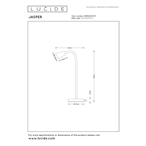 Maattekening van groene tafellamp JASPER van Lucide met afmetingen