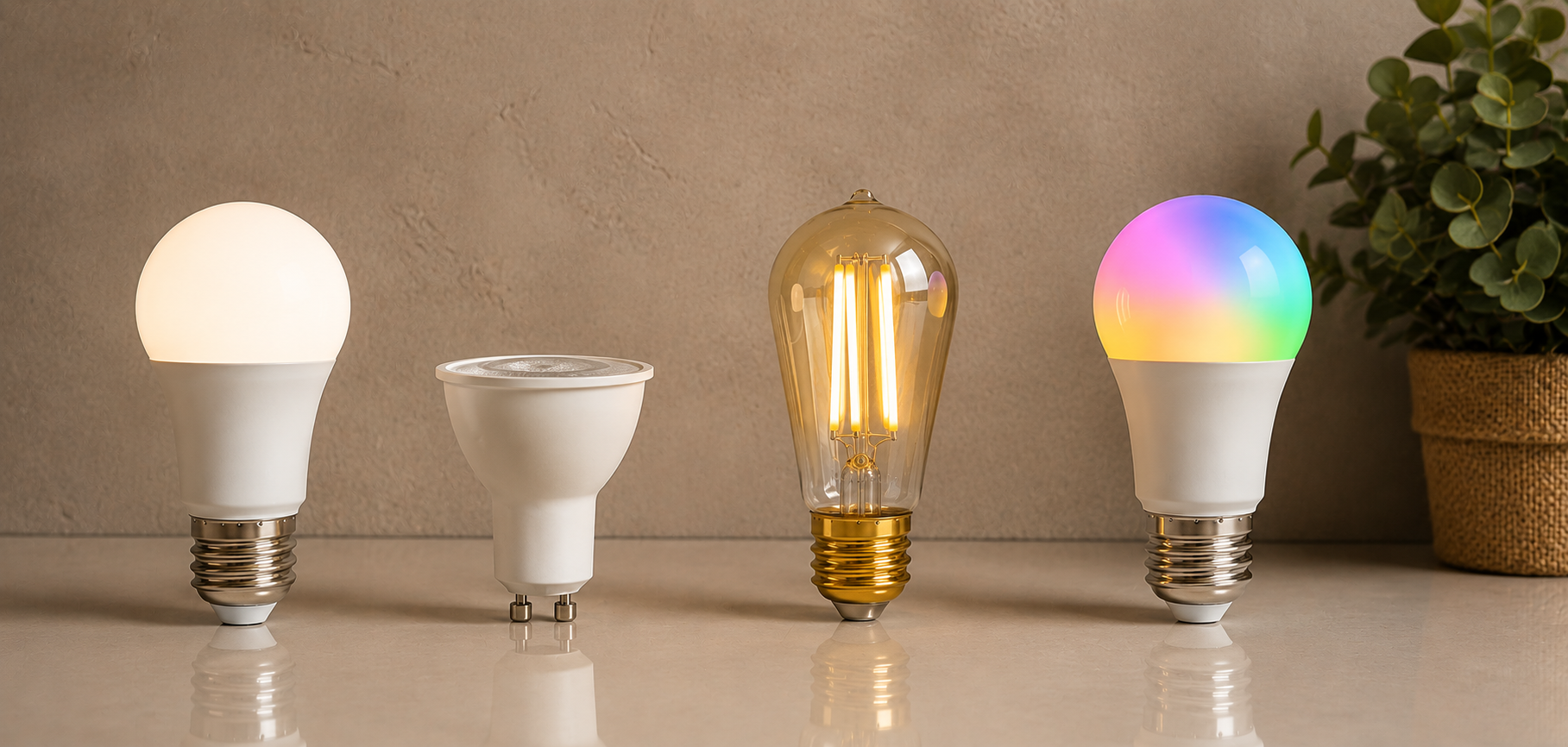 Verschillende led lampen in warme en gekleurde tinten op tafeloppervlak