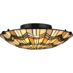 Ronde Tiffany plafondlamp met glas-in-lood kap in amber en groen