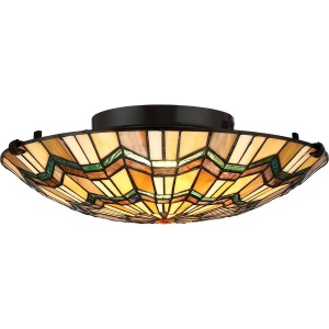 Ronde Tiffany plafondlamp met glas-in-lood kap in amber en groen