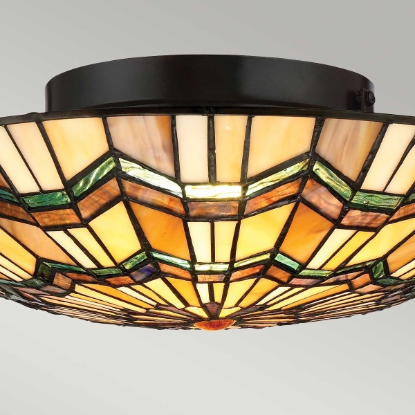 Plafondlamp Tiffany rond glas-in-lood in amber en groene tinten