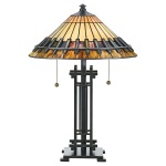 Tafellamp Tiffany 2-lichts met bronzen voet en glas-in-lood kap