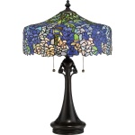 Tafellamp Tiffany 3-lichts met blauwgroene glaskap en bronzen voet