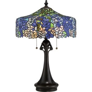 Tafellamp Tiffany 3-lichts met blauwgroene glaskap en bronzen voet